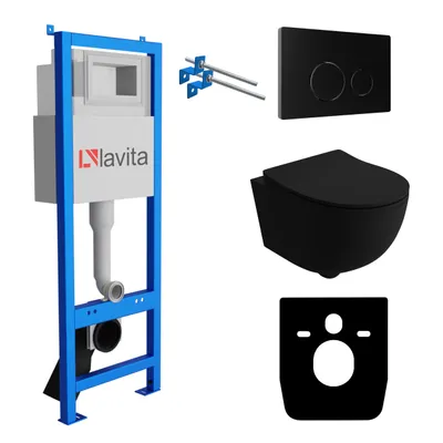Produktbild von Lavita LAV 101 Vorwandelement für WC 40cm + Wand Hänge Tiefspül WC BRAVA Schwarz Spülrandlos + Bedienplatte LAV 200.4.4 Schwarz | Komplettset | Unterputz Spülkasten | Toilette Komplett Sett