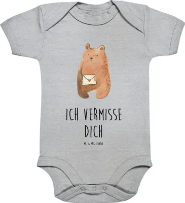 Produktbild von Mr. & Mrs. Panda Strampler Baby Bär Liebesbrief 1. - 3. Monat - Heather Grey - Geschenk, babykleidung body, babyanzug, Partner, Babybody, Liebeskummer, Sehnsucht, Teddy