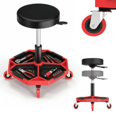 Produktbild von ROSEJANE Werkstatthocker höhenverstellbar 42–55 cm, Rollhocker mit Werkzeugablage, 360° drehbarer Sitz und 4 Rollen, gepolsterter Werkstattsitz für Garage und Werkstatt