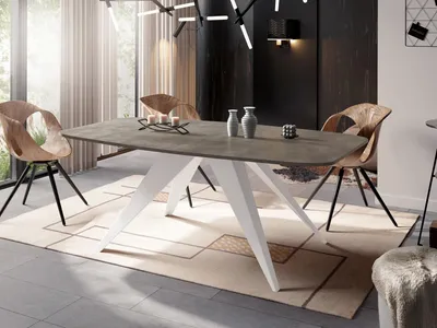 Produktbild von Ausziehbarer Esstisch im Loft-Stil - Industrieller Tisch mit Weißen Metallbeinen - Modernes Design für Wohnzimmer - 160 cm Ausziehbar auf 200 cm - Chicago Beton Grau