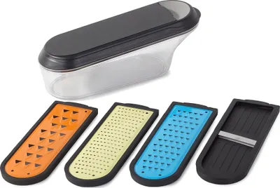 A set of interchangeable grater attachments and a collection container for a grater.