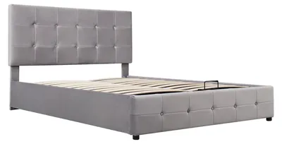 Obrázok produktu pre Postel s čalúnením - dvojlôžko - 140 x 200 cm - poťah z velúru - úložný priestor s hydraulickým systémom - nastaviteľná výška operadla - tmavosivá farba