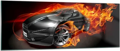 Produktbild von Bilder auf glas - Sportwagen Feuer Flammen Rauch - 140x50cm - Glasbilder - Wandbilder - Kunstdruck - zum Aufhängen bereit - Wanddekoration aus Glas - Glas Bilder - Wandbild auf Glas - GAB140x50-2656