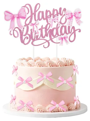 Tortenaufsatz Happy Birthday mit 12 rosa Schleifen