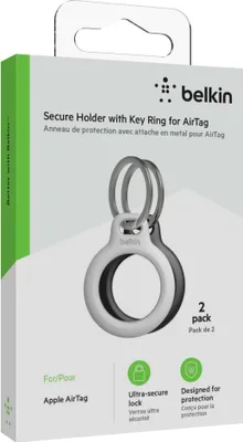 Produktbild von Belkin, AirTag-Halterung, Schwarz/Weiß, 2er-Pack, für Apple AirTag, Schlüsselanhänger, aus Plastik, mit Twist-and-Lock-Design, kratzresistent, offenes Design, 72x8.6x38 mm (HxTxB), 7.37 g, MSC002btH35
