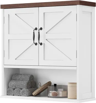 Produktbild von Wandmontierter Badschrank – Medikamentenschrank / Aufbewahrungsschrank – zur Raumorganisation – mit verstellbaren Einlegeböden – 60 x 60 cm – Weiß/Nussbaum