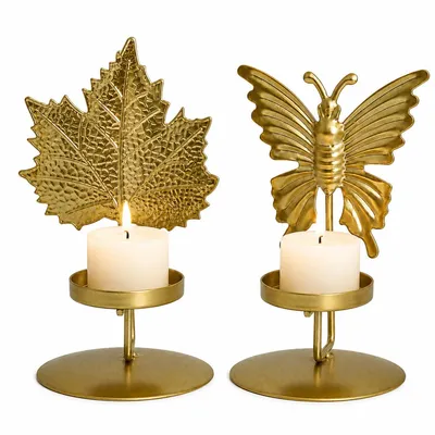 Produktbild von Goldene Kerzenständer Set aus Metall, Blatt und Schmetterling Design, handgemacht Eisen, dekorativ für Wohnzimmer, Esstisch, Hochzeit Deko