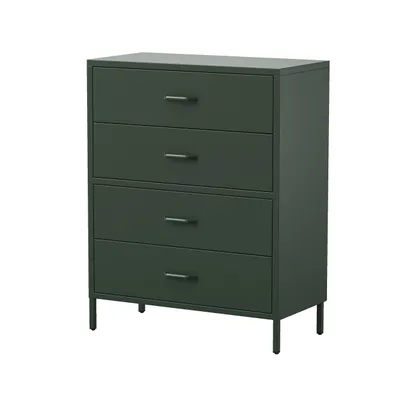 A dark green chest of drawers with four drawers is shown against a white background.