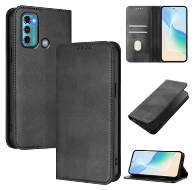 A collage of images showing a black leather flip phone case for a Motorola phone, with different views and angles.