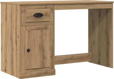 A wooden desk with a drawer and a cabinet.