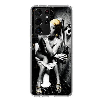 Produktbild von MuchoWow® Handyhülle Schutzhülle Hülle für Samsung Galaxy S21 Ultra Marmoroptik - Mädchen mit Perlenohrring - Zigaretten - Toilette - Gold - Kunst - Alte Meister Silikon Softcase Handy Hülle - Mobiltelefon