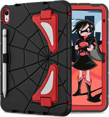 A black and red iPad case with a spiderweb design and built-in stand, shown next to an iPad displaying a cartoon character.
