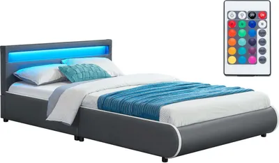 Produktbild von Juskys Polsterbett Sevilla 140 x 200 cm grau – Bettgestell mit LED Beleuchtung, Lattenrost & Kopfteil – Kunstleder & Holz – Bett Jugendbett
