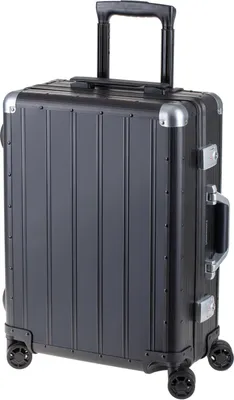 A black aluminum suitcase with wheels and a retractable handle.