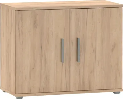 A light brown wooden cabinet with two doors and silver handles, shown against a white background.