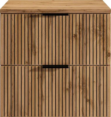 Produktbild von Waschbeckenunterschrank hängend mit Struktur und Holzplatte - Heller Naturton und Schwarz - 60 cm - MADELA