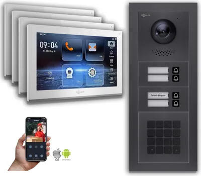 Produktbild von Goliath IP Video Türsprechanlage: 10-Zoll 4 Familienhaus, Zahlencode, Anthrazit  : 10 Zoll Weiß : Unterputzdose Monitor Farbe: 10 Zoll Weiß Montage: Unterputzdose