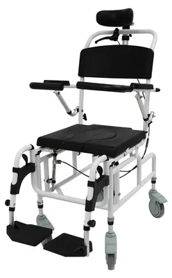Produktbild von Duschrollstuhl - Toilettenstuhl mit Rollen - Neigbare Rückenlehne - Verstellbare Sitzhöhe 55–61 cm - Höhe 115–136 cm - 4 Bremsrollen - Belastbar bis 100 kg - Schwarz