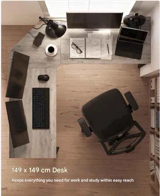 Image de Bureau d'angle en L avec étagères de rangement et pieds réglables, idéal pour un bureau à domicile ou pour le gaming, dimensions 149x149 cm