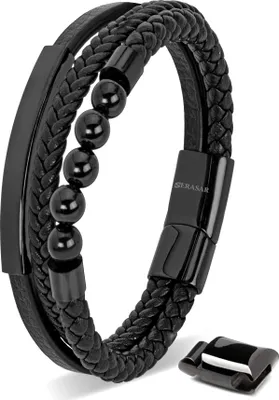 Image de SERASAR | Bracelet en cuir de première qualité pour hommes [Pearl] avec acier inoxydable noir | Couleur : Noir | Longueur : 17cm
