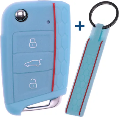 Produktbild von Auto Schlüssel Silikon Schutz Hülle + Schlüsselband im Wabe Design Fluoreszierend Blau kompatibel mit VW SEAT Skoda Golf 7 Leon Octavia 3 Tasten Klappschlüssel