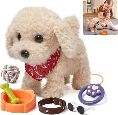 A plush toy dog with accessories laid out around it.