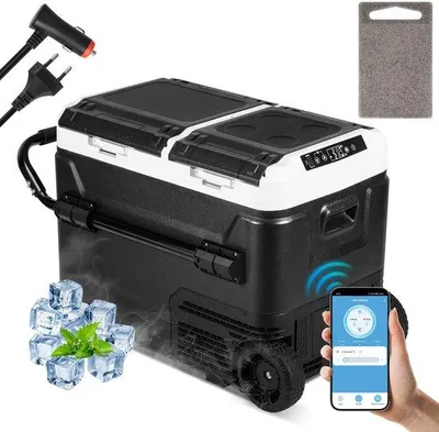 Obrázok produktu pre Elektrická chladiaca taška s objemom 50 litrov – DC 12 V/24 V, AC 100–240 V pre auto a kempovanie – termoelektrická chladiaca taška s reguláciou teploty prostredníctvom mobilnej aplikácie alebo dotykového LCD displeja