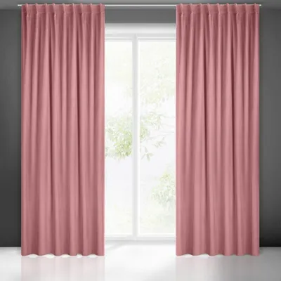 Two pink curtains are shown hanging in front of a window.