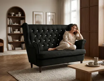 Produktbild von 2-Sitzer Sofa GAJA1 Royal – gesteppt, Velours in Schwarz, Family Meble, KI-generiertes Bild
