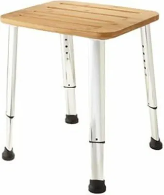 A shower stool with a wooden seat and adjustable metal legs.