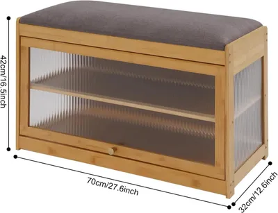 Zdjęcie produktu dla Ławka do przechowywania butów - szafka na buty z 2 półkami - ławka o szerokości 70 cm - szafka z wodoszczelną konstrukcją - rama bambusowa z tworzywem sztucznym - poduszka z bawełny i lnu - idealna do przedpokoju i holu