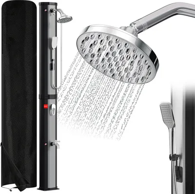 Produktbild von Bettizia Solardusche 60 L Gartenduschen mit Handbrause、integriertem Fußdusche runder Duschkopf inkl. Montagematerial & Abdeckhaube Silber