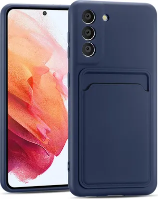 A blue phone case with a card slot is shown next to a smartphone.