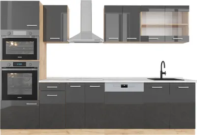 Produktbild von Küchenzeile Vicco R-Line Anthrazit Hochglanz/Goldkraft Eiche 300 cm mit Hochschrank, AP Marmor, Model 42994