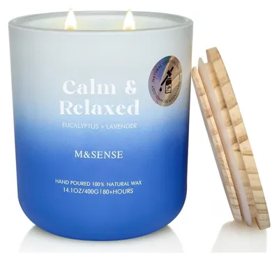 Image de Bougie parfumée eucalyptus et lavande, en verre, 400g. Cire de soja, 2 mèches, durée de combustion : 80 heures. Pour aromathérapie