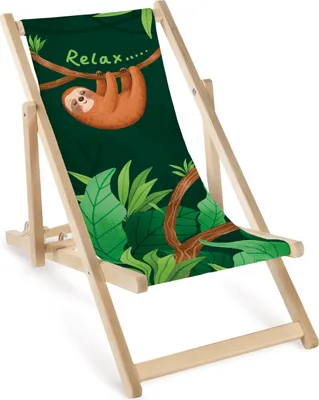 Produktbild von Kinder Liegestuhl klappbar aus Holz mit Faultier-Motiv – Kinder Klappstuhl Klappliege Sonnenstuhl Strandstuhl Gartenliege