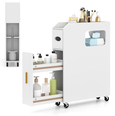 Schmaler Badschrank mit Schublade, Rollen, Toilettenpapierhalter, weiß