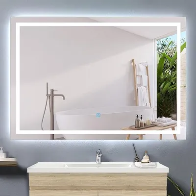 Obrázok produktu pre Zrkadlo do kúpeľne s osvetlením, veľké 100x80 cm, LED, obdĺžnikový tvar, dotykové ovládanie, proti zahmlievaniu, studená biela farba svetla, nástenné, energeticky úsporné, IP44