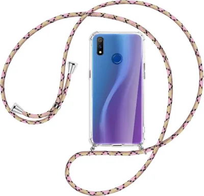Produktbild von Handykette Backcover-Schutzhülle mit Band (Metall silberfarben) für Realme 3 Pro (X Lite) - rosa Karo