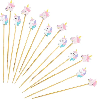Imagen del producto de Palillos de aperitivos con forma de unicornio para niños - 100 unidades - Palillos para cócteles y brochetas de frutas para decoración de cócteles - Madera - 13 cm