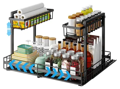Produktbild von Erweiterbare Schrankkörbe mit 2 Etagen, Ausziehbarer Organizer für Spülbecken, Multifunktionales Regal für Küche, Bad, Schrank, Wandschrank
