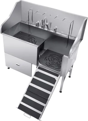Immagine prodotto di Stazione di lavaggio per cani in acciaio inox SucceBuy, vasca per toelettatura da 1550x790x1470 mm con rampa, filtro dell'acqua, rubinetto, soffione, guinzaglio, per animali di taglia grande, media e piccola (porta destra)