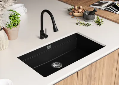 Produktbild von PRIMAGRAN Unterbauspüle Granit Schwarz 86x47cm, Spülbecken 1 Becken + Ablauf-Set + Aufrollbare Abtropffläche, Granitspüle ab 90er Unterschrank - Praga