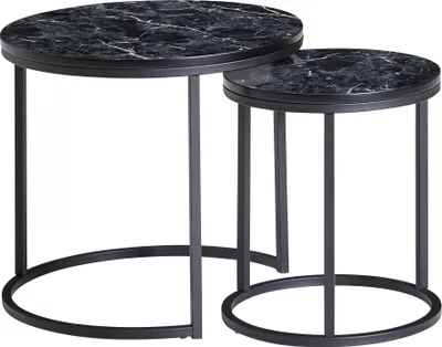 Produktbild von WOHNLING Design Beistelltisch 2er Set Schwarz Marmor Optik Rund Couchtisch 2-teilig Tischgestell Metall Kleine Wohnzimmertische Moderne Satztische