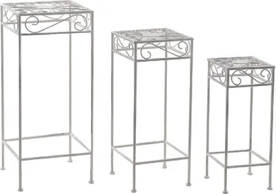 Produktbild von 3 tlg. Hocker-Set Blumenhocker Gartendeko eckig Pflanzenständer antik weiß