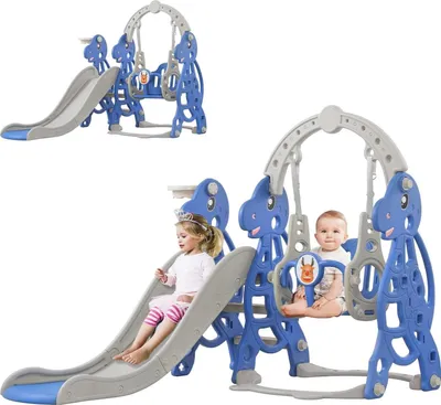 Produktbild von XINZI 4-in-1 Kinderrutsche, Kinder Spielplatz, Spielzeugrutsche mit Kletterleiter und Basketballkorb, Multifunktionale Rutsche für Kinder von 1-5 Jahre