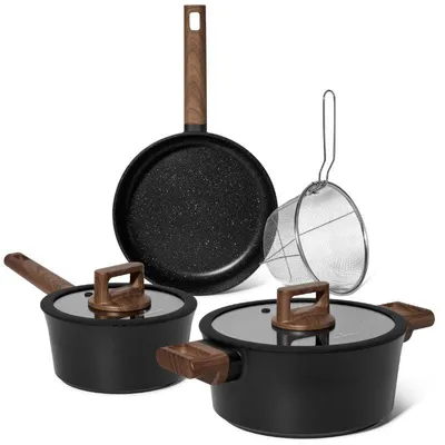 Image de Batterie de cuisine 6 pièces à revêtement marbré avec couvercles tous feux dont induction Noir Just perfecto JL-332