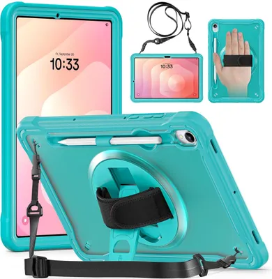 Image de Housse pour Samsung Galaxy Tab S11 360 degrés anneau poignée & bandoulière turquoise