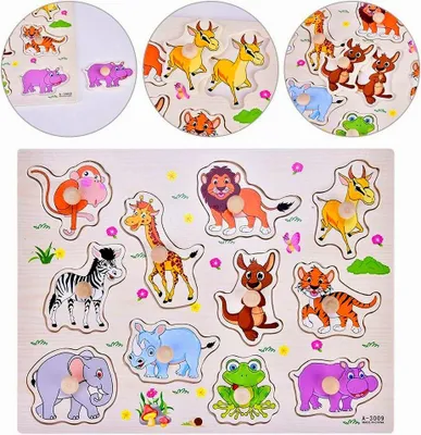 Zdjęcie produktu dla Puzzle Edukacyjne Drewniane Układanka Zwierzęta Zoo Safari Montessori