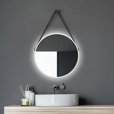 Zdjęcie produktu dla Lustro ?cienne okr?g?e Talos White Light Matt Ø 50 cm - lustro ?azienkowe z o?wietleniem po?rednim - wisz?cy pasek o wygl?dzie skóry - pod?wietlane lustro z neutralnym bia?ym ?wiat?em - wysokiej jako?ci matowa bia?a aluminiowa rama - lustro ?azienkowe